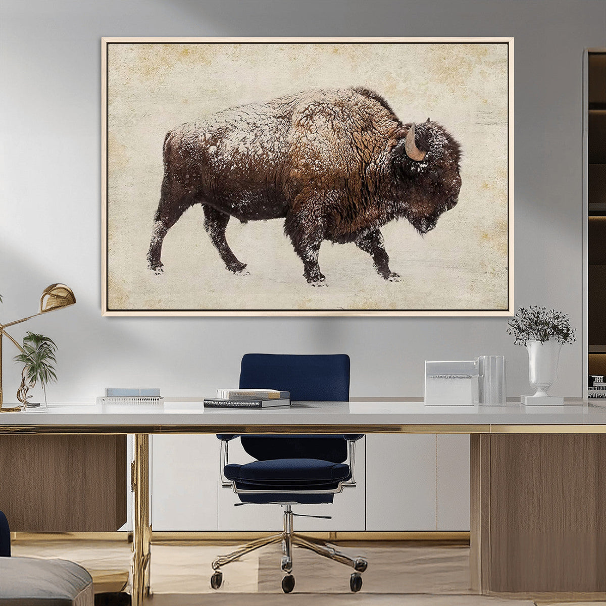 Snow-dusted bison silhouette textured vintage style rugged
