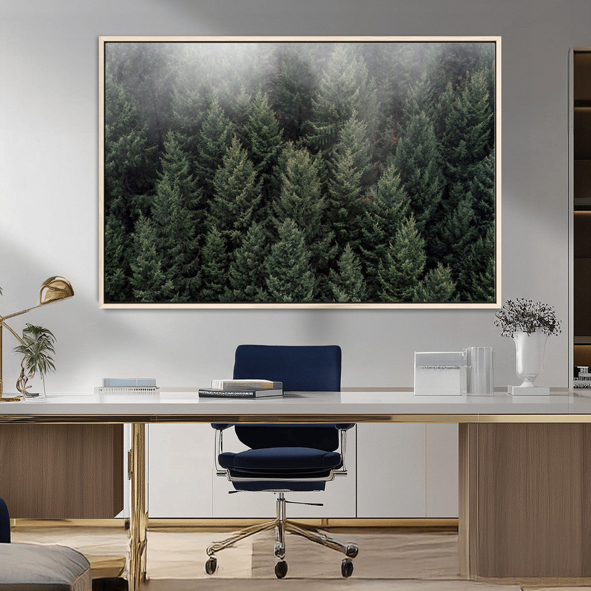 Dense Evergreen Forest Misty Morning Fog Pine Trees Woodland