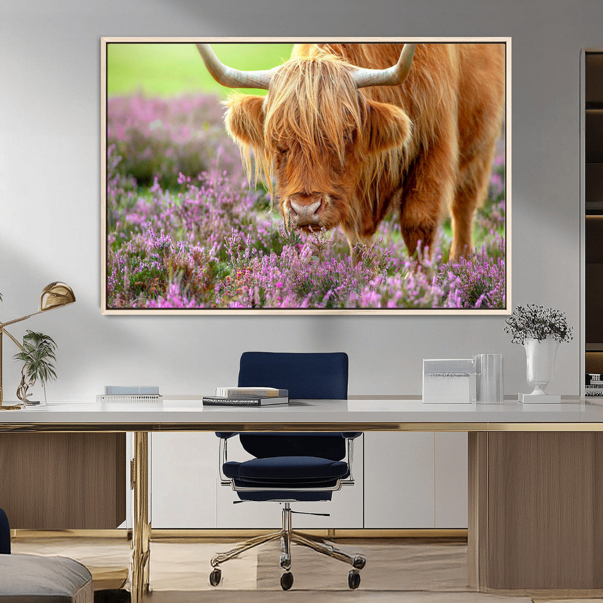 Highland Cow Wall Art Canvas Print – Framed Purple Flowers