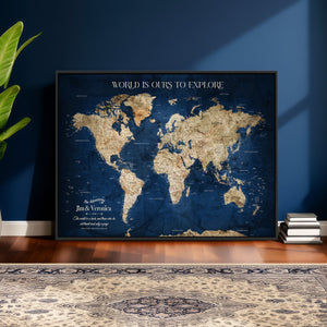 Framed Custom World Map Canvas Print - Deep Blue World Map
