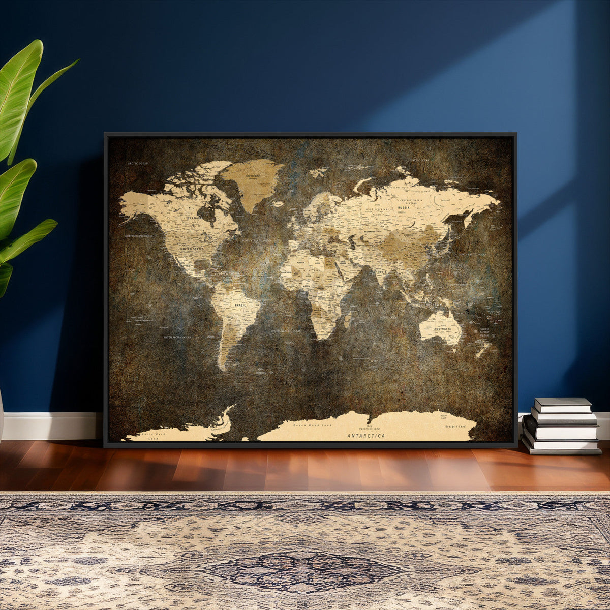 Large Framed Vintage World Map Wall Art Print for Home Wall