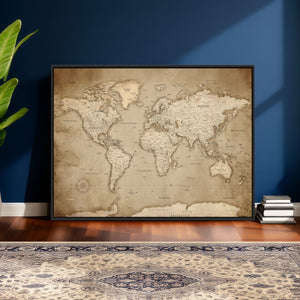 Colorful Watercolor World Map Canvas Wall Art – Framed