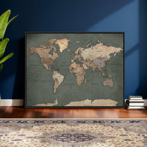 Rustic Black and Wood World Map Canvas Wall Art – Framed