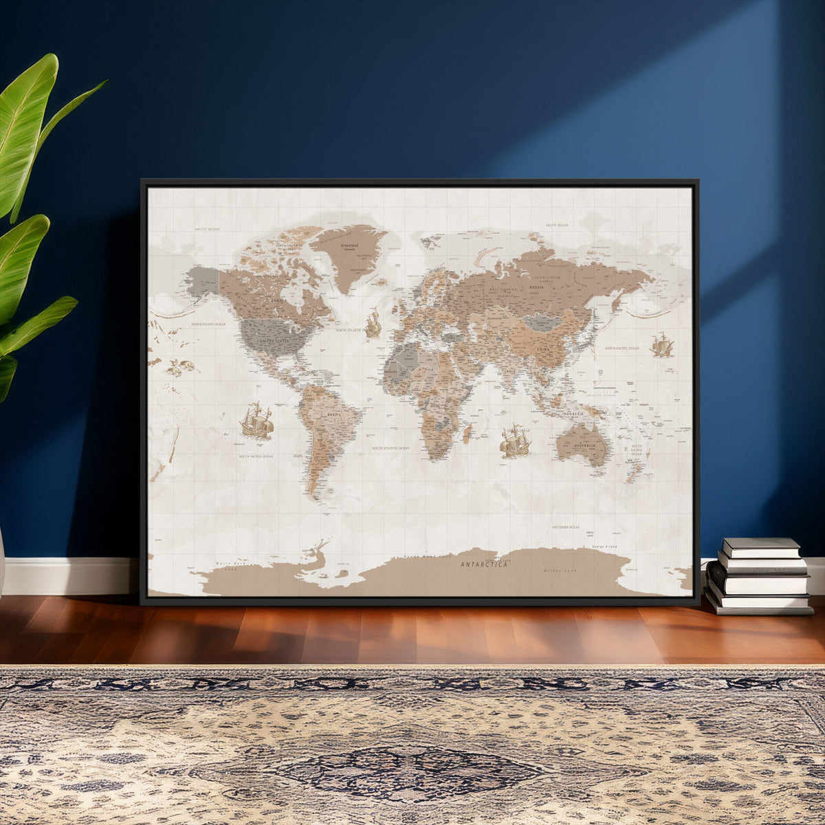 Framed Large World Map Canvas Print for Office Decor