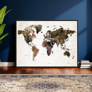 Watercolor World Map Print - Large Wall Art Canvas Print for