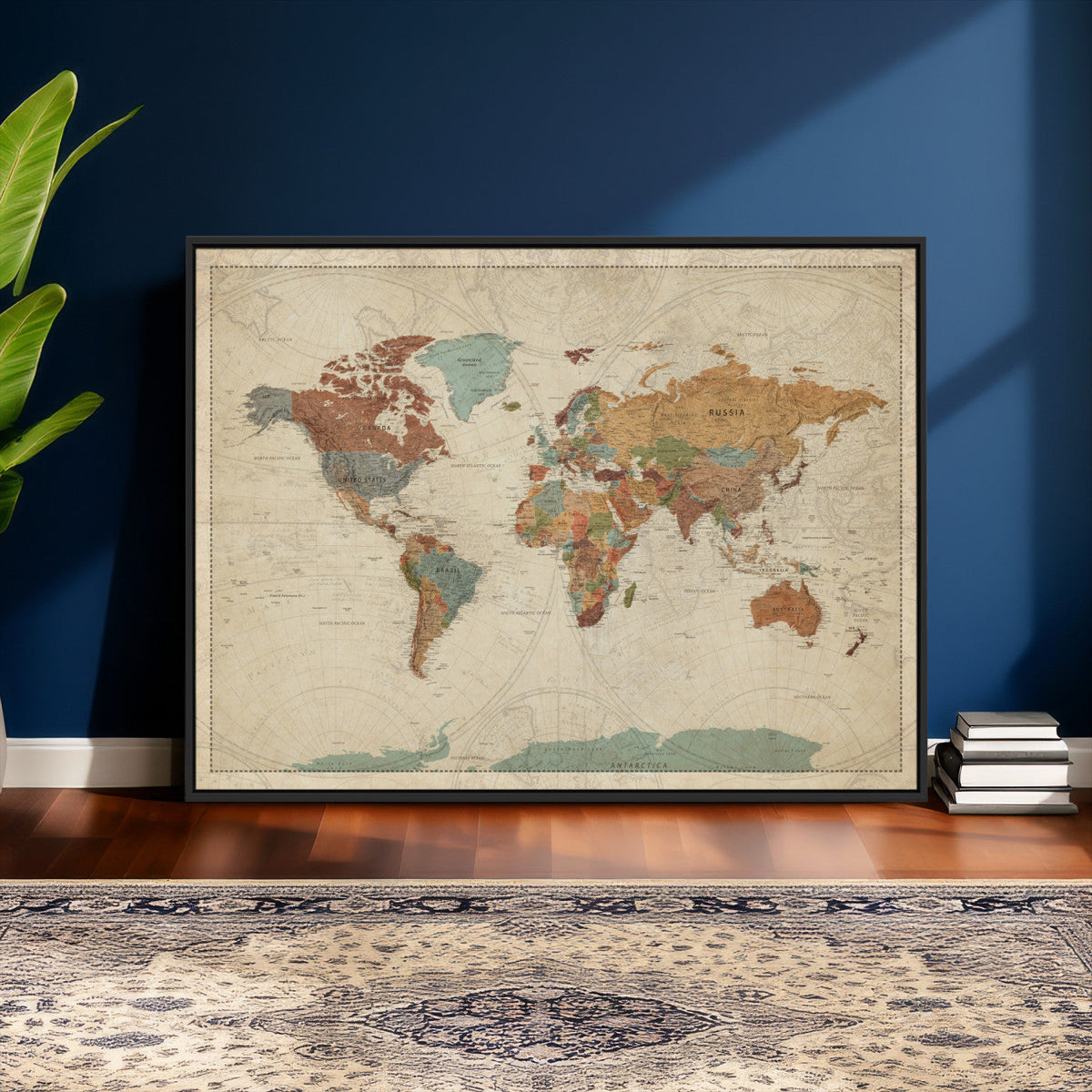 Vintage World Map Canvas Wall Art Print – Framed Modern