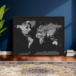 Black World Map Wall Art Canvas Print – Detailed Map of the