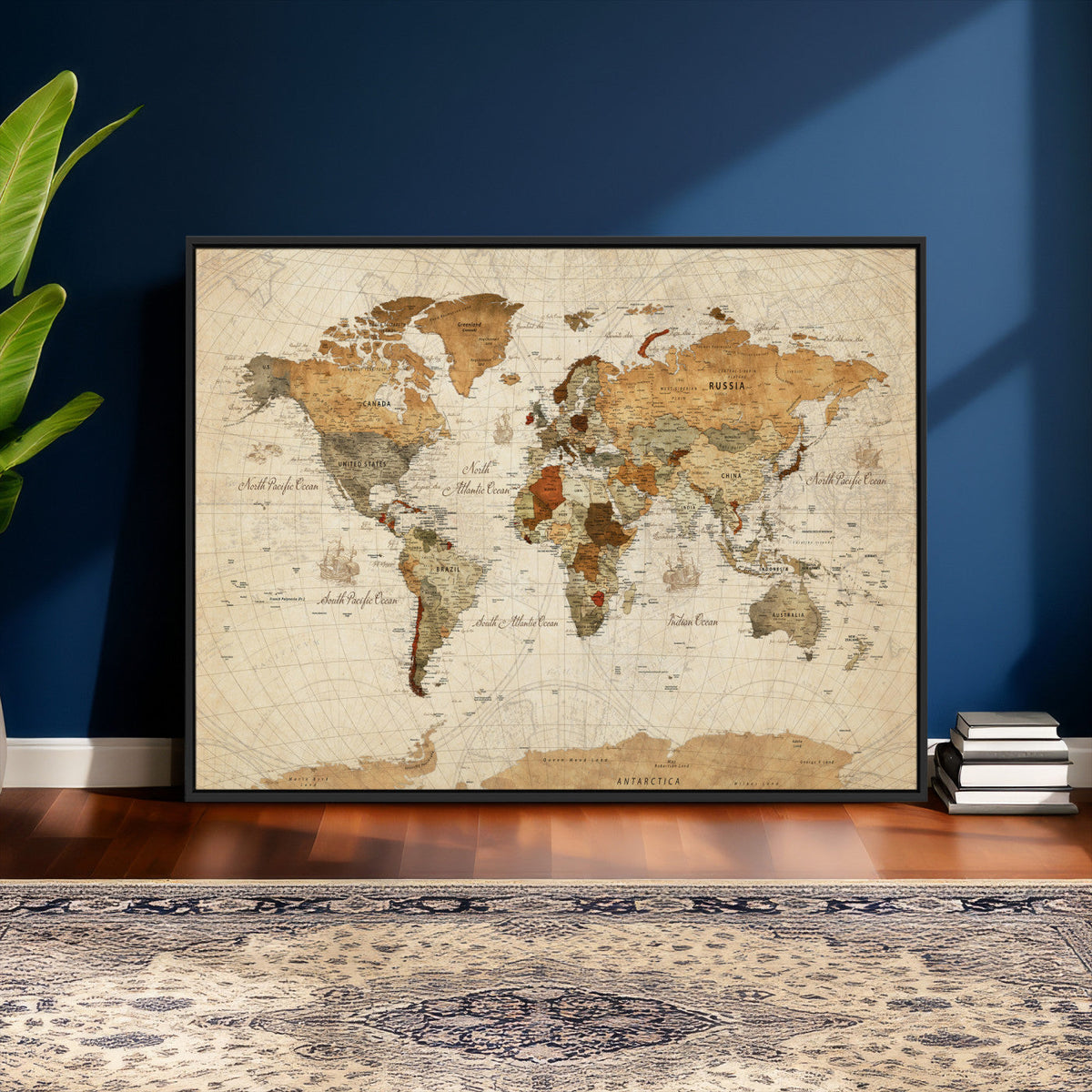 Rustic Vintage World Map Canvas Print – Framed Modern