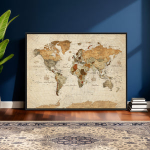 Rustic Vintage World Map Canvas Print – Framed Modern