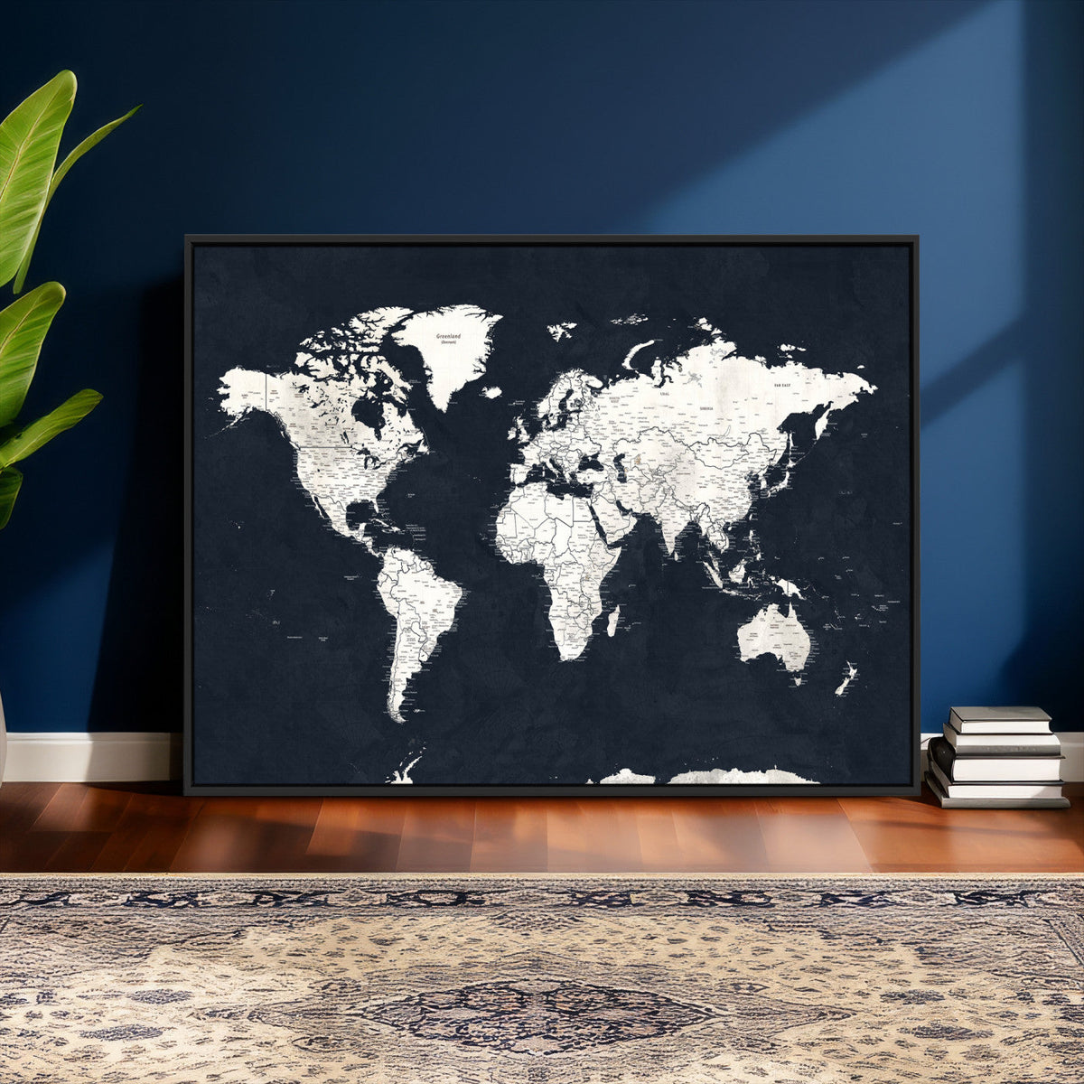 Black World Map Wall Art Canvas Print for Home Office and