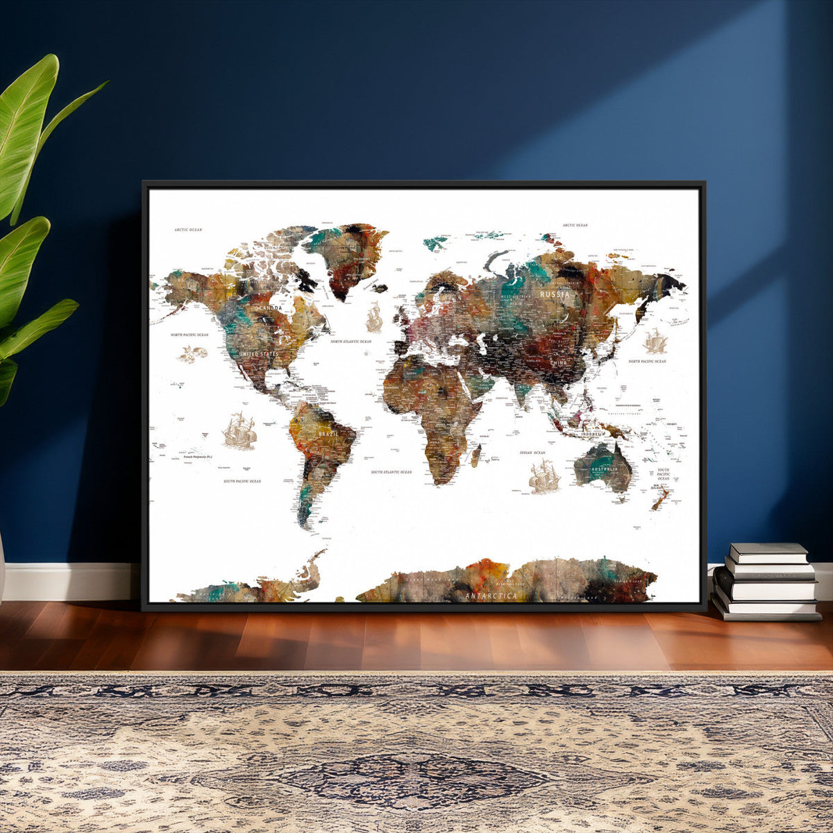 Watercolor World Map Canvas Print – Detailed Map of the