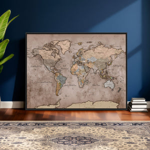 Grunge World Map Canvas Wall Art - Vintage Aged World Map