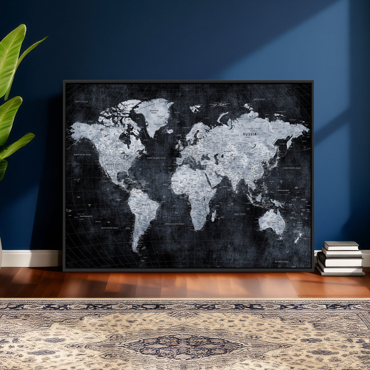 Black World Map Canvas Print – Detailed Map for Couples and