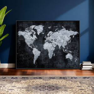 Black World Map Canvas Print – Detailed Map for Couples and