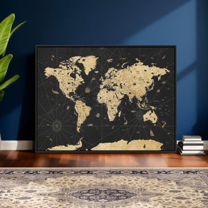 Vintage Blue and Brown World Map Canvas Wall Art – Framed