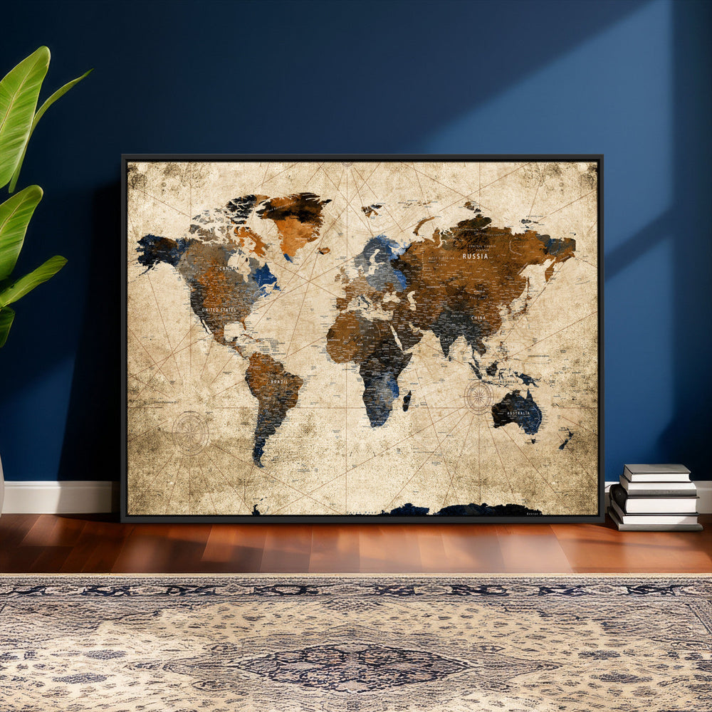 World Map Wall Art Canvas Print, Modern Decorative Framed