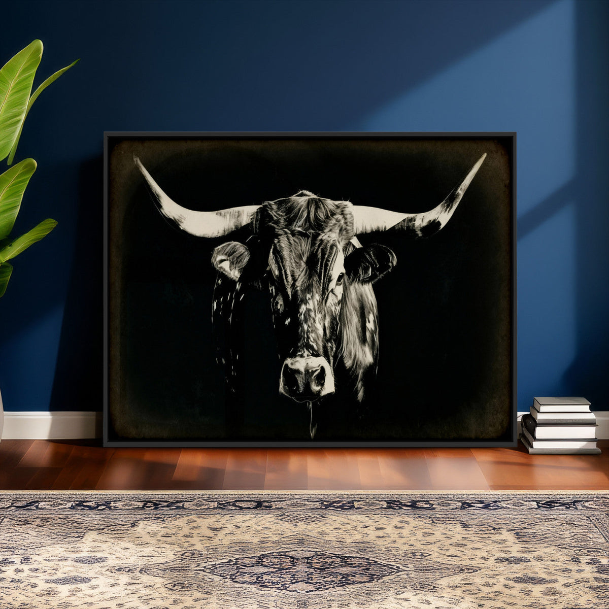 Black Bull Wall Art Canvas Print, Texas Longhorn Portrait