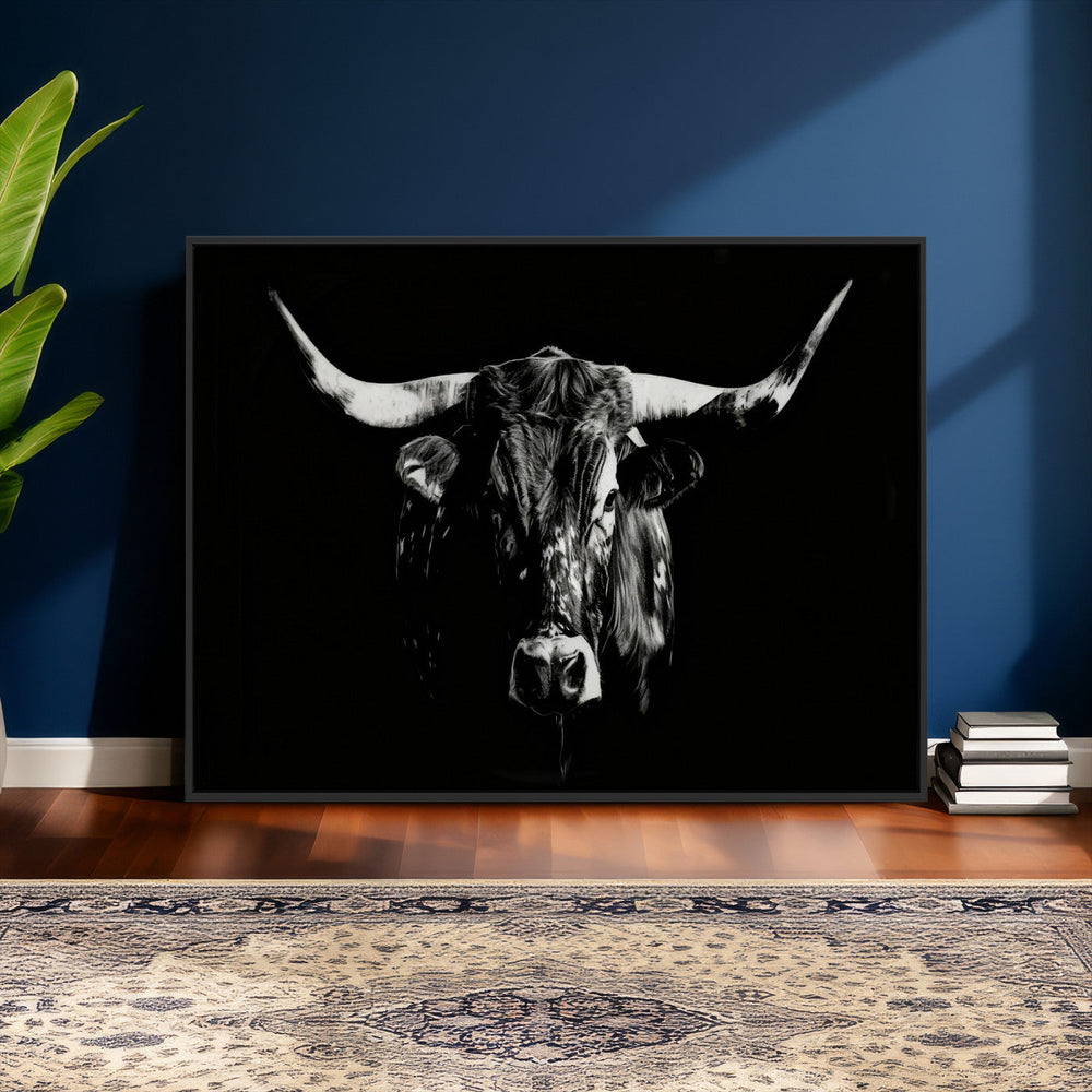 Black Bull Wall Art Canvas Print, Dark Longhorn Portrait