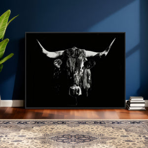 Black Bull Wall Art Canvas Print, Dark Longhorn Portrait