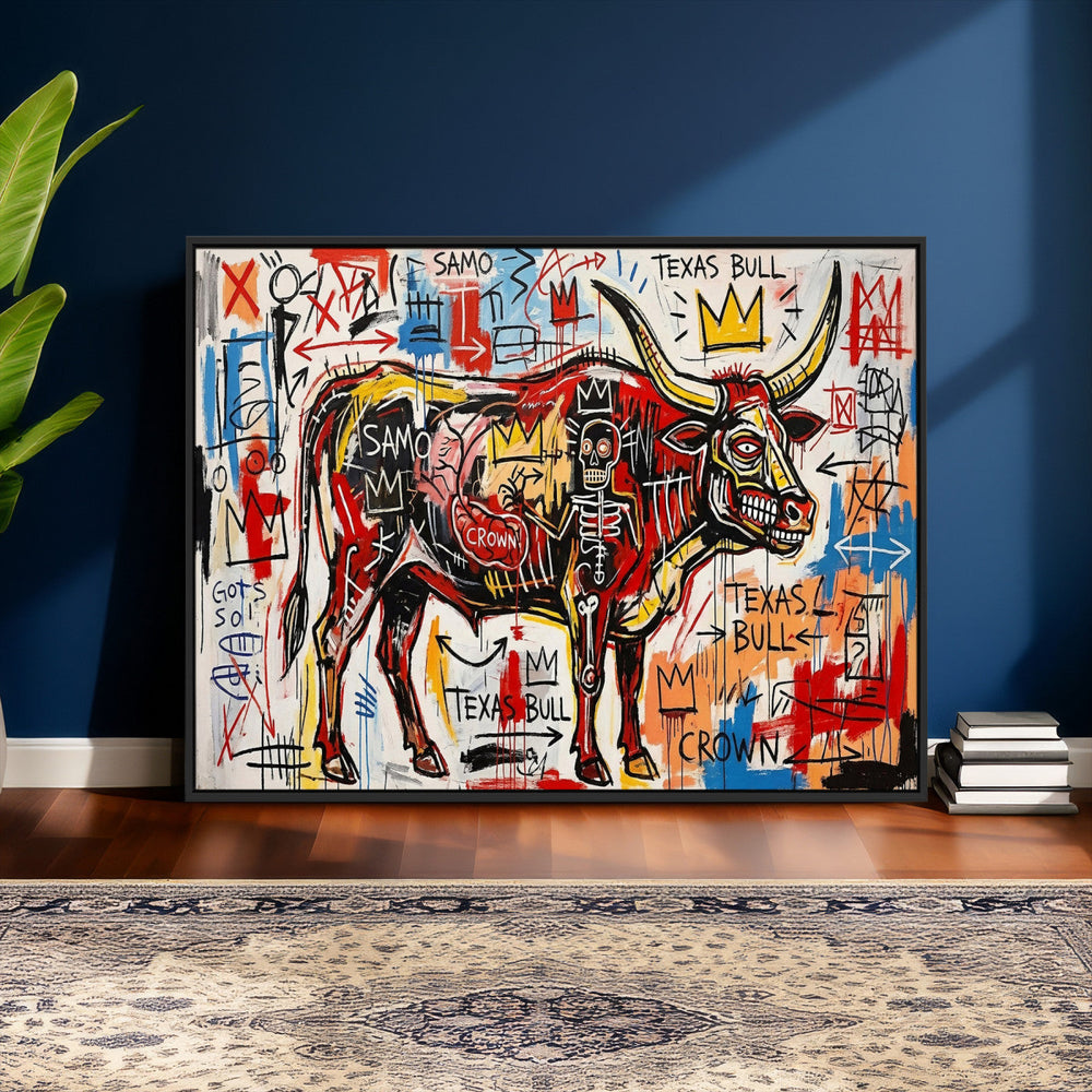 Texas Bull Wall Art Canvas Print, Abstract Graffiti Bull