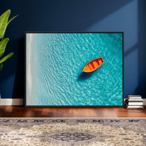 Minimalist Boat Wall Art Canvas Print, Aerial Sea Landscape