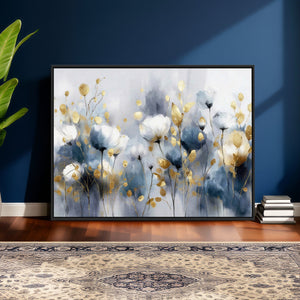 Large Abstract Flowers Wall Art Canvas Print – Gold and Blue