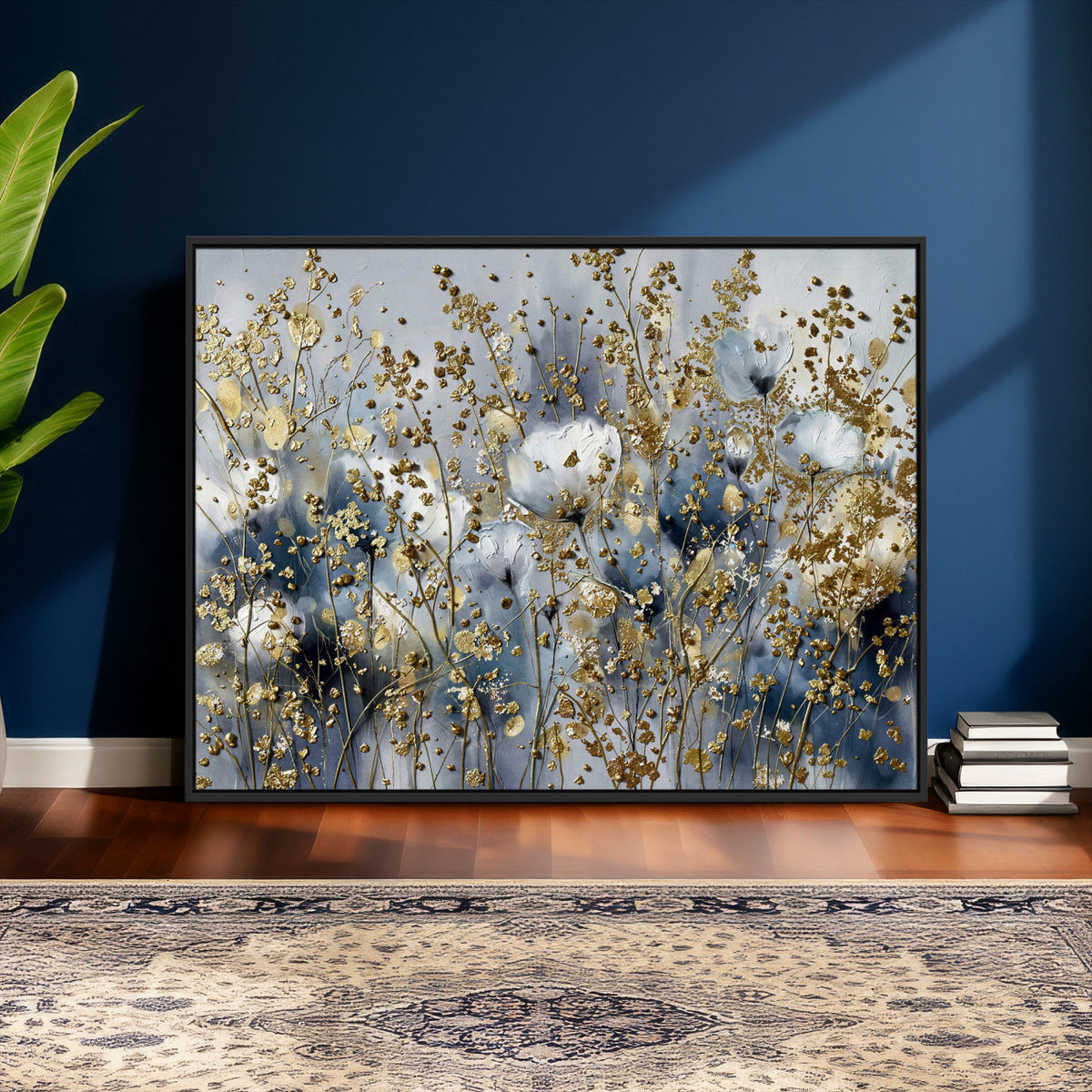 Abstract Floral Wall Art Canvas Print – Gold and Blue