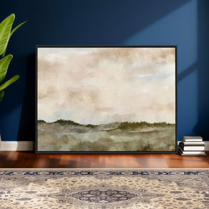 Muted Watercolor Hill Landscape Print — Beige Taupe Cloudy