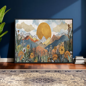 Boho Mountain Landscape Large Wall Art, Horizontal Gold
