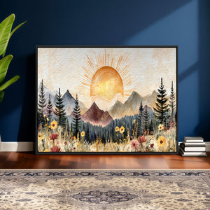 Boho Mountain Landscape Large Wall Art, Horizontal Gold