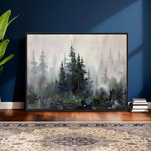 Misty Pine Forest Oil Painting Canvas — Dark Moody Teal Grey