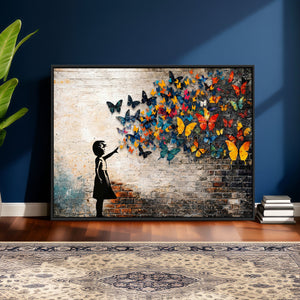 Banksy Graffiti Butterfly Girl Wall Art Canvas Print, Framed