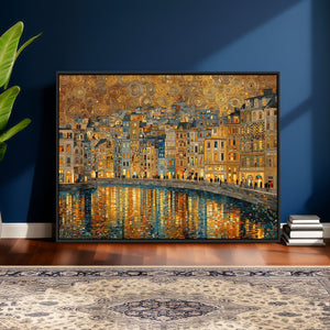 Gustav Klimt Golden Cityscape Wall Art Canvas Print, Framed