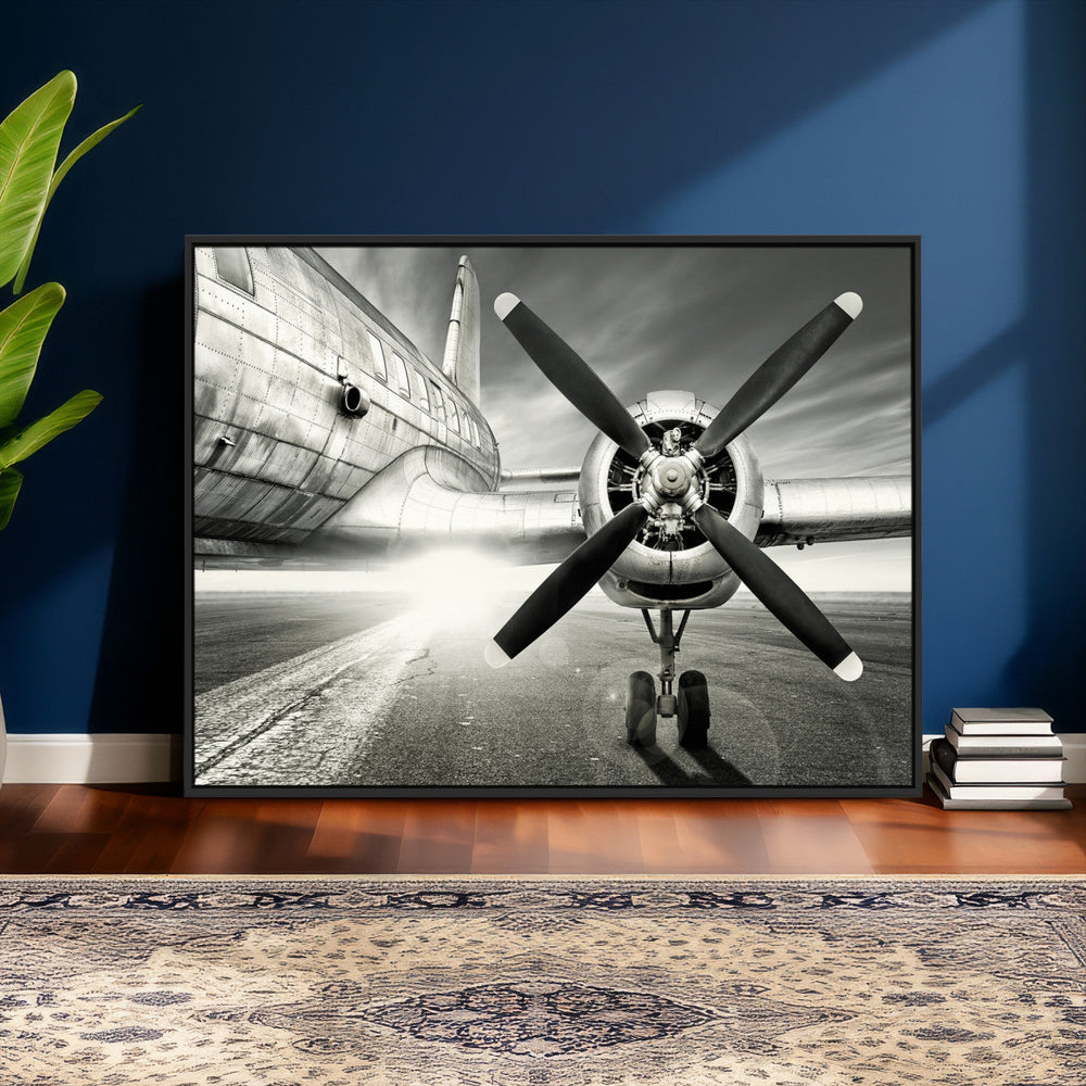 Vintage Airplane Wall Art Canvas Print, Black and White