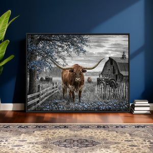 Texas Longhorn Canvas Wall Art, Rustic Farm Barn Bluebonnet