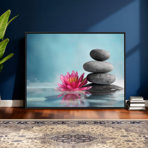 Zen Canvas Wall Art Lotus Flower Stacked Stones Teal Spa