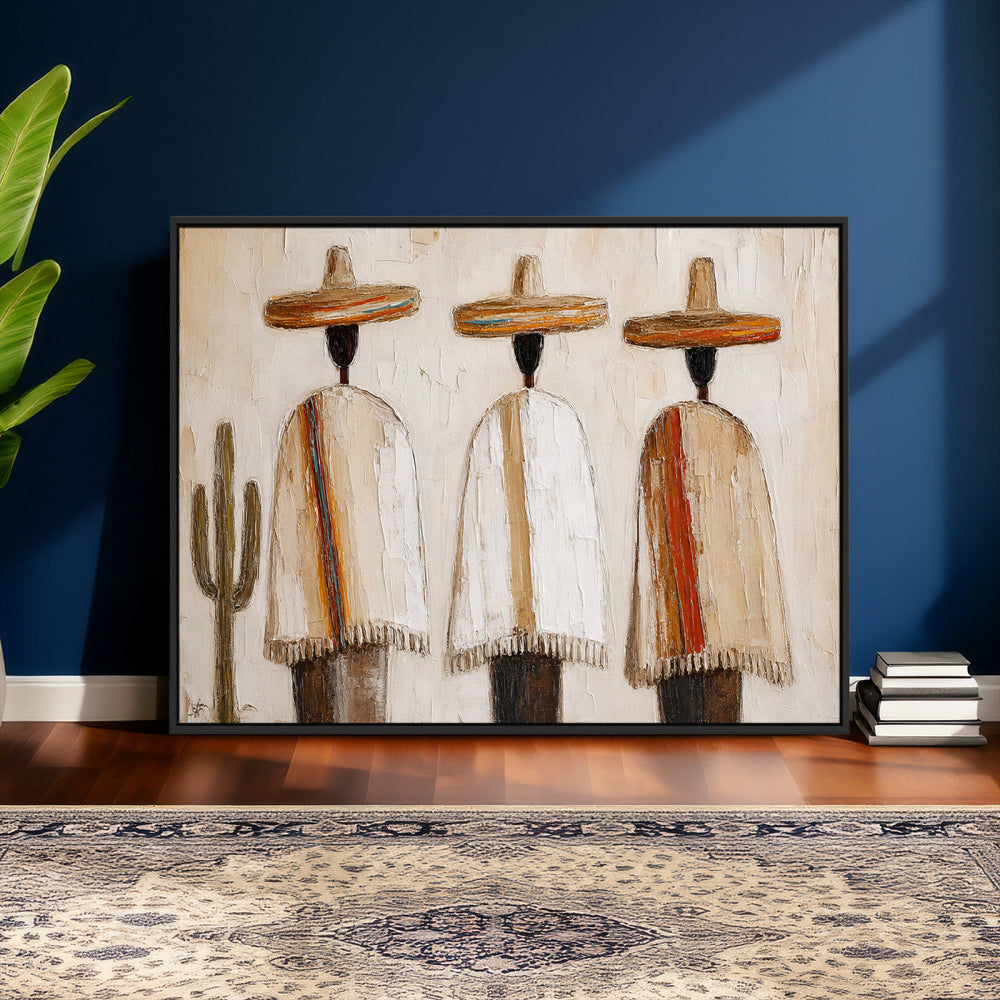 Mexican Wall Art Canvas Print, Southwestern Sombrero Poncho Painting, Neutral Earthy Boho Decor, Fiesta Living Room Art, Impasto Style Print