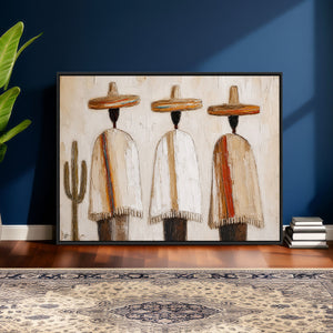 Mexican Wall Art Canvas Print, Southwestern Sombrero Poncho Painting, Neutral Earthy Boho Decor, Fiesta Living Room Art, Impasto Style Print