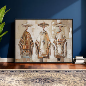 Mexican Folk Art Canvas Wall Art, Charro Poncho Sombrero Painting Print, Neutral Beige Boho Decor, Southwestern Impasto Style, Living Room Art