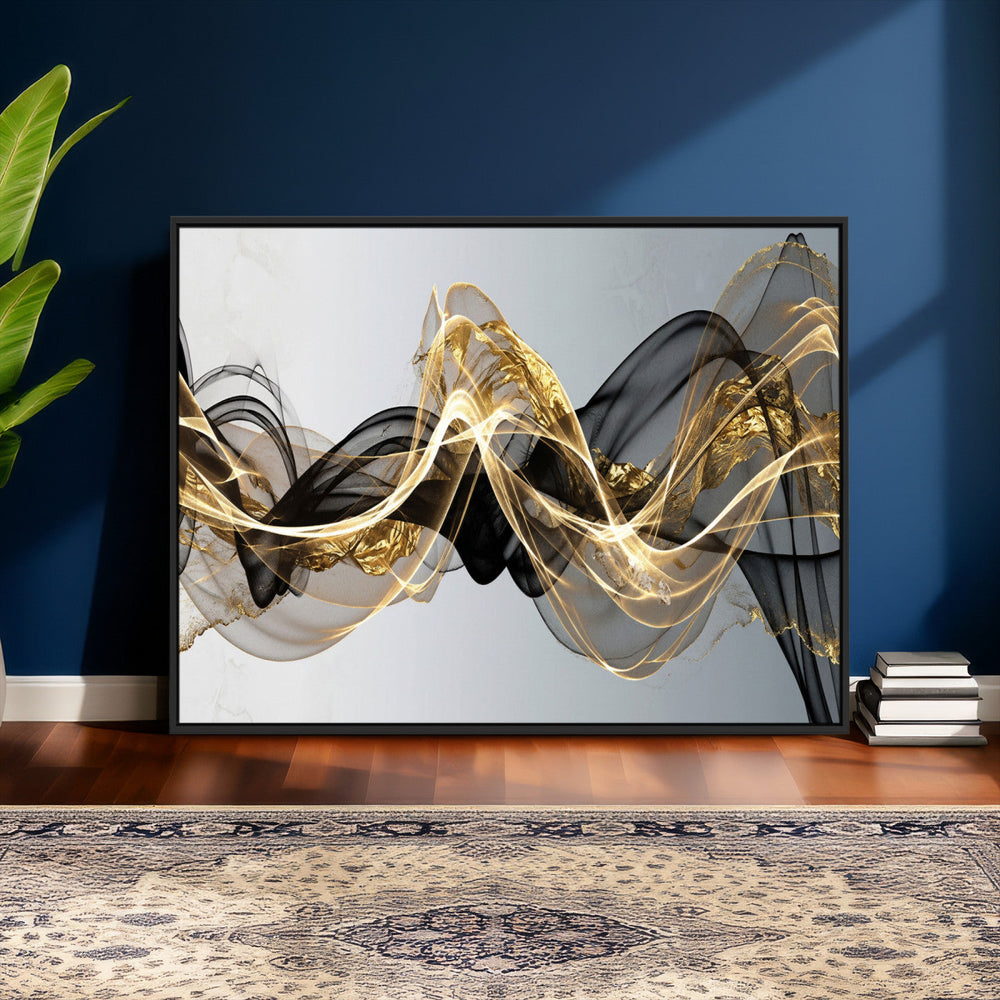Black and Gold Abstract Wall Art, Modern Wave Canvas Print, Elegant Flowing Smoke Art, Luxury Living Room Decor