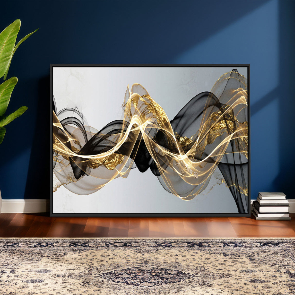 Black and Gold Abstract Wall Art, Modern Wave Canvas Print, Elegant Flowing Smoke Art, Luxury Living Room Decor