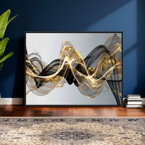 Black and Gold Abstract Wall Art, Modern Wave Canvas Print, Elegant Flowing Smoke Art, Luxury Living Room Decor