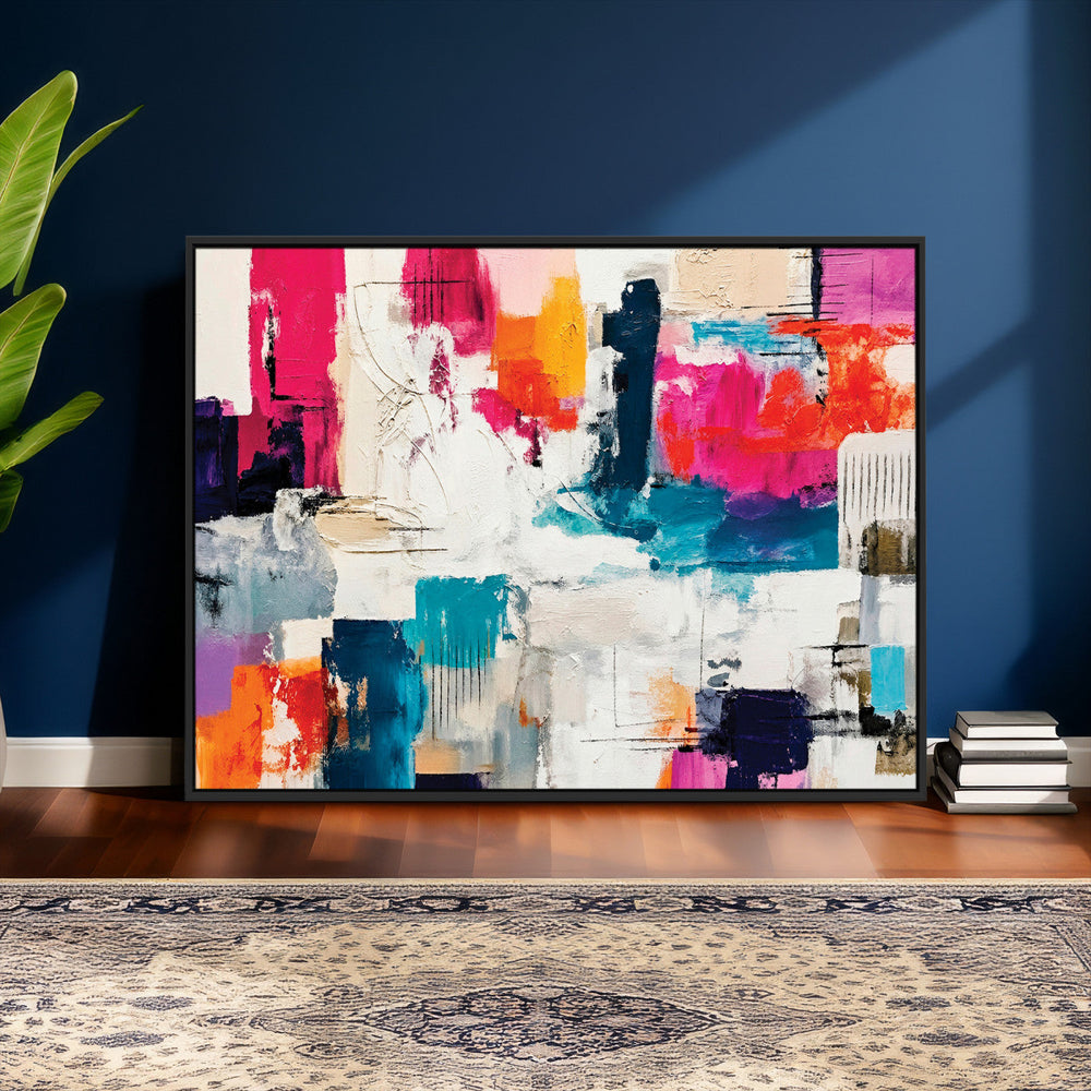 Blue Teal Abstract Canvas Wall Art, Modern Textured Painting Print, Navy Orange White Contemporary Art, Neutral Living Room Decor, Office Art