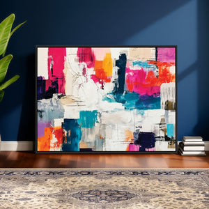 Blue Teal Abstract Canvas Wall Art, Modern Textured Painting Print, Navy Orange White Contemporary Art, Neutral Living Room Decor, Office Art