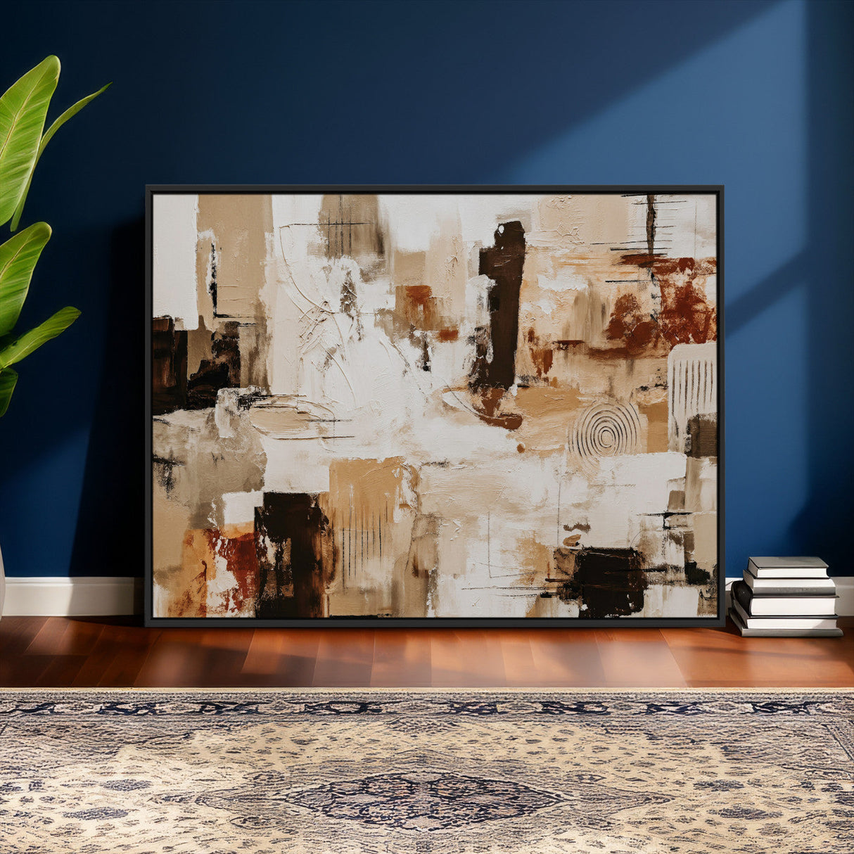 Blue Teal Abstract Canvas Wall Art, Modern Textured Painting Print, Navy Orange White Contemporary Art, Neutral Living Room Decor, Office Art