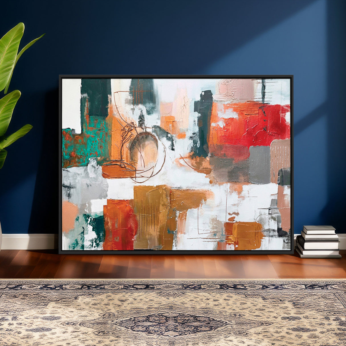 Blue Teal Abstract Canvas Wall Art, Modern Textured Painting Print, Navy Orange White Contemporary Art, Neutral Living Room Decor, Office Art