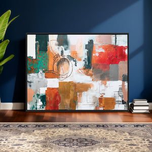 Blue Teal Abstract Canvas Wall Art, Modern Textured Painting Print, Navy Orange White Contemporary Art, Neutral Living Room Decor, Office Art