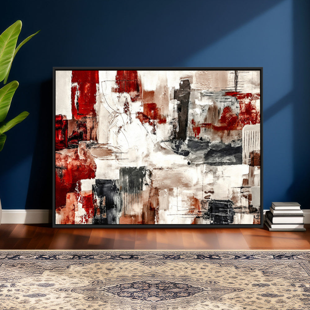 Blue Teal Abstract Canvas Wall Art, Modern Textured Painting Print, Navy Orange White Contemporary Art, Neutral Living Room Decor, Office Art