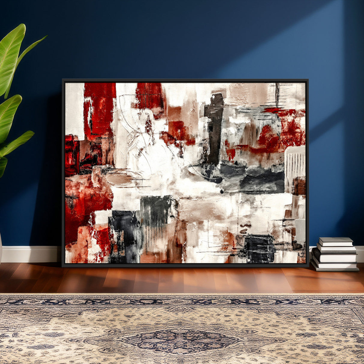 Blue Teal Abstract Canvas Wall Art, Modern Textured Painting Print, Navy Orange White Contemporary Art, Neutral Living Room Decor, Office Art
