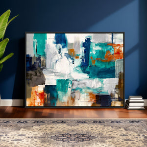 Blue Teal Abstract Canvas Wall Art, Modern Textured Painting Print, Navy Orange White Contemporary Art, Neutral Living Room Decor, Office Art